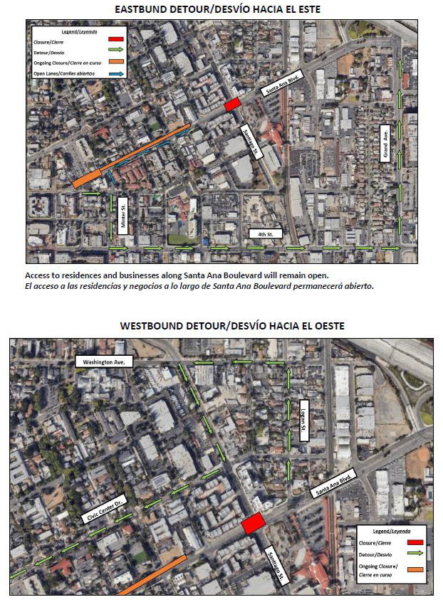 map of intersection closure at Santiago St. & Santa Ana Blvd. with detours