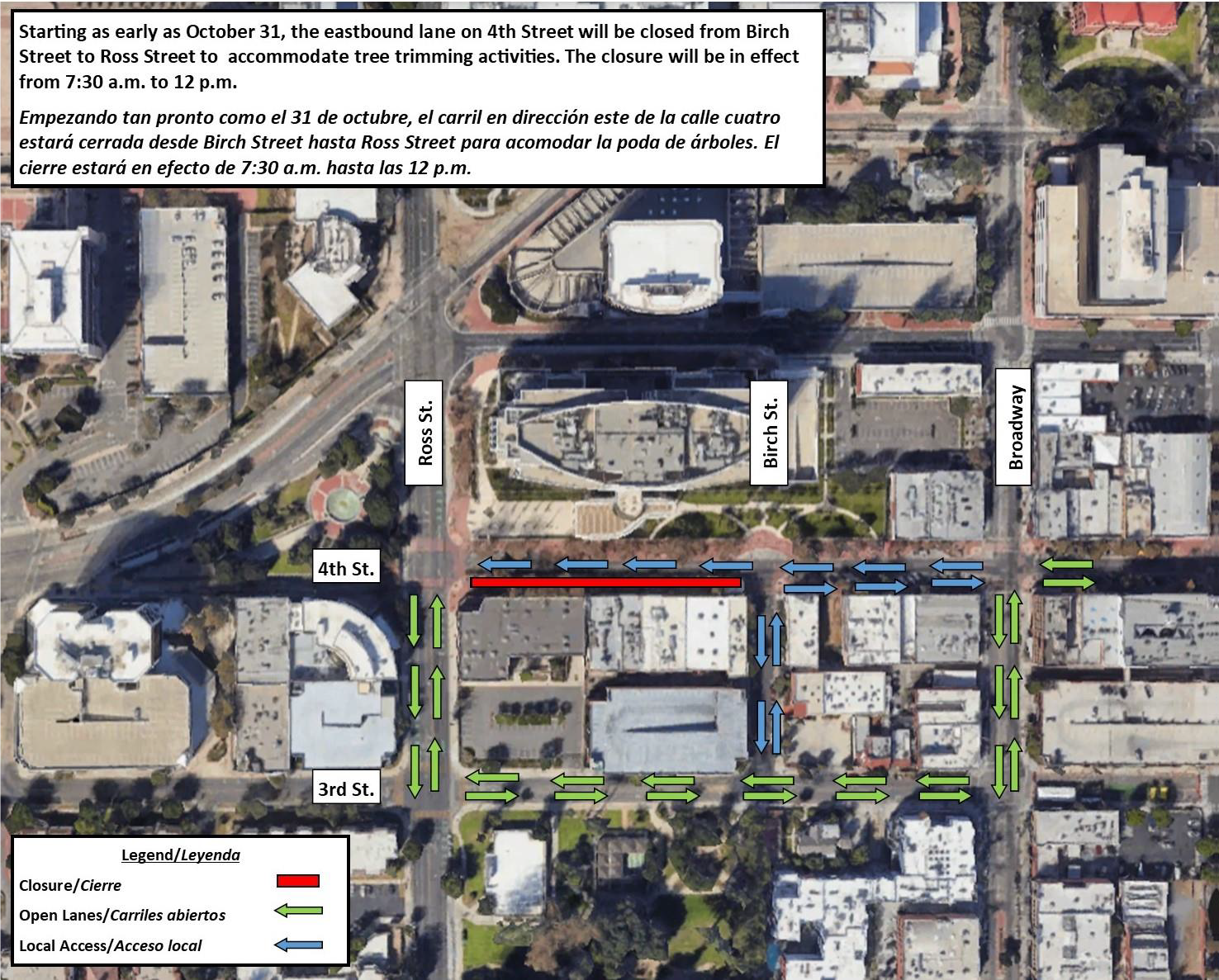map of EB closure on 4th Street between Birch St. to Ross St.
