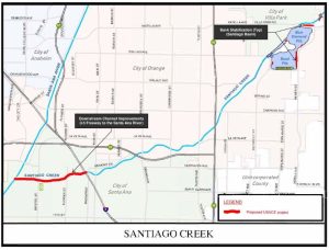 Map of Santiago Creek Flood Risk Management Project for Monday, November 6, 2023 at 6:30 p.m. to 8:30 p.m. at OC Public Works County Conference Center located at 601 N. Ross Street, Santa Ana, CA 92701