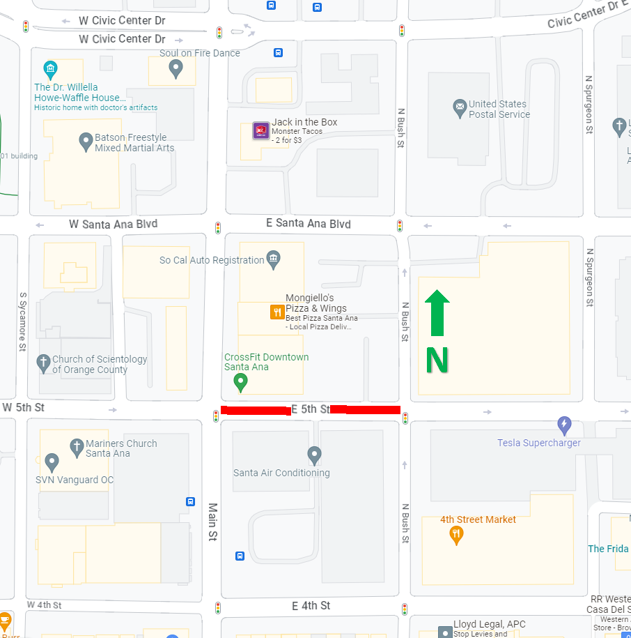 map of 5th closure between Main St. and Bush St.