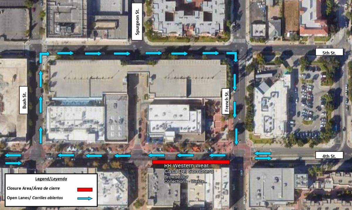 map of EB 4th St. closure between Spurgeon & French Streets