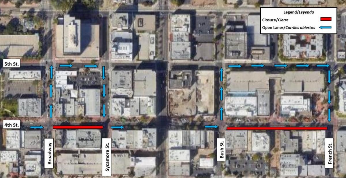 map of EB 4th Street closures