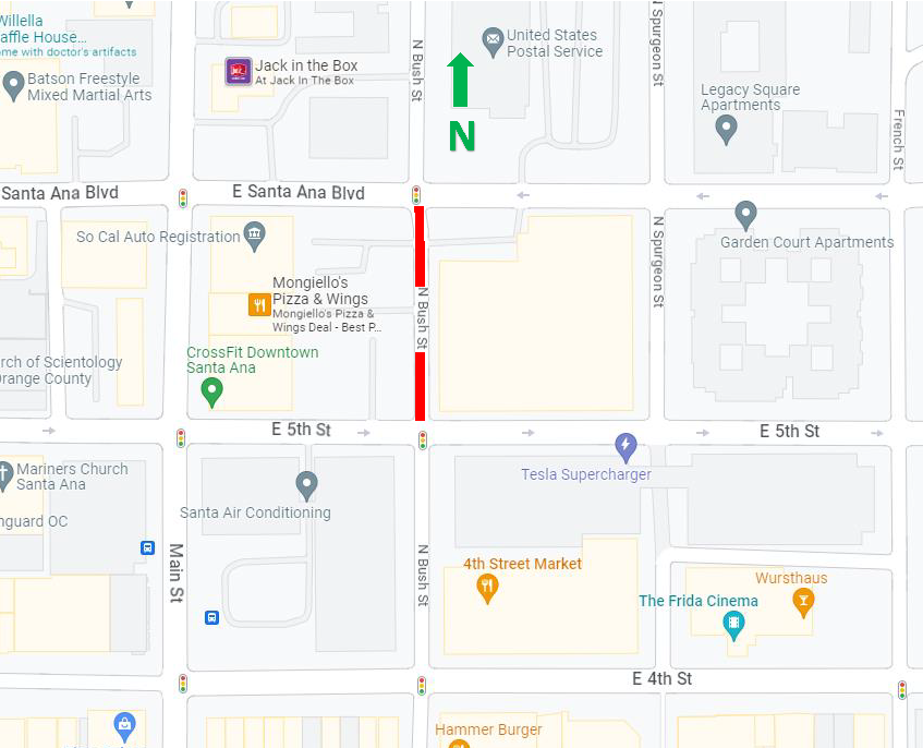map of closure on Bush St. between 5th St. and Santa Ana Blvd.