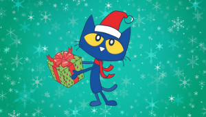 pete the cat with holiday attire holding a present