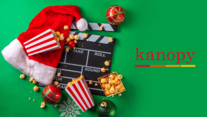 holiday decorations with film slate popcorn and kanopy logo to the right