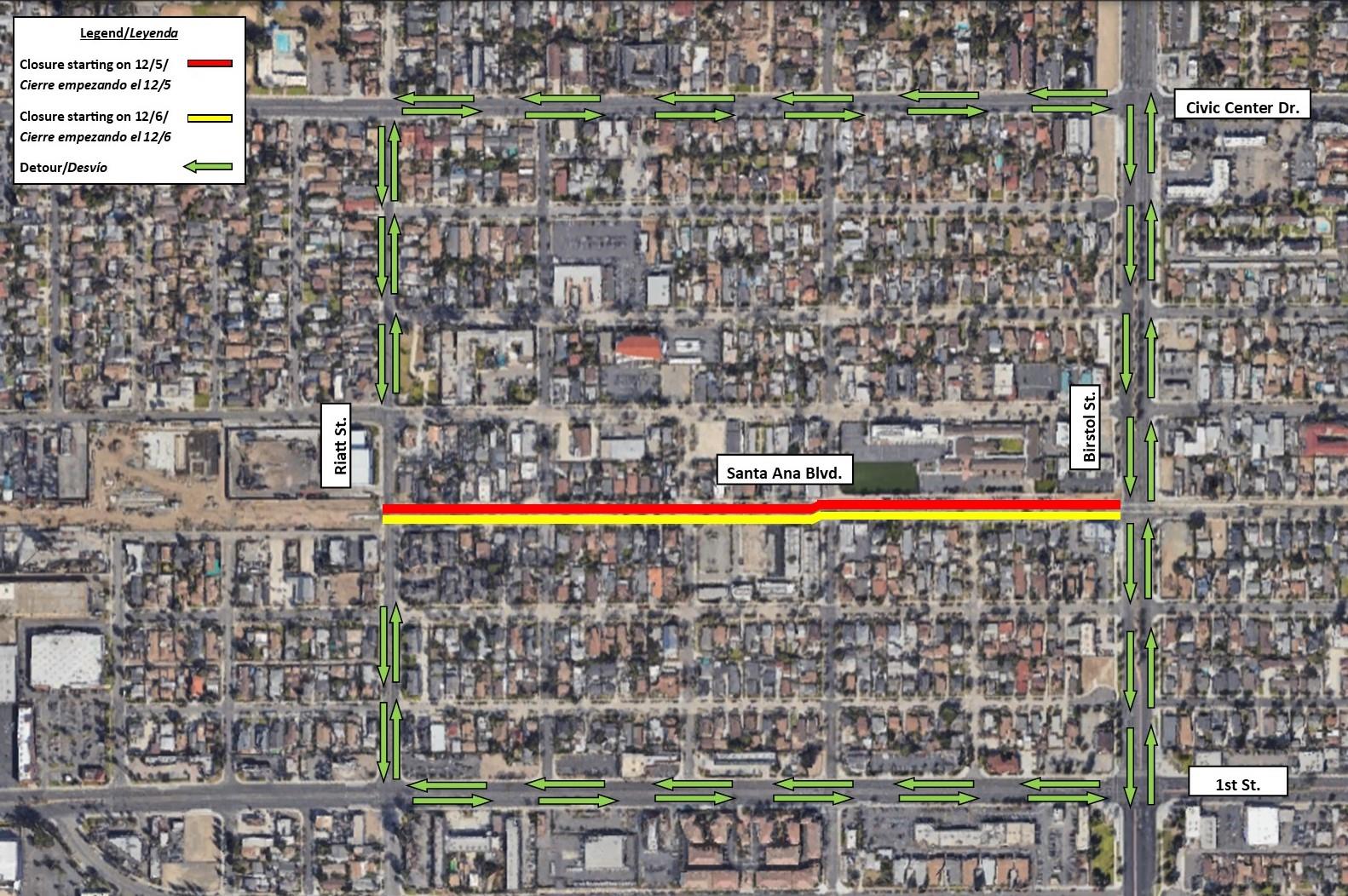 map of lane closures on Santa Ana Blvd. between Raitt St. and Bristol St.