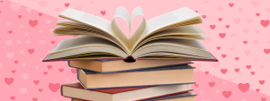 book open in shape of heart with pink heart background