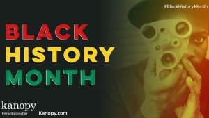 Words Black History Month in red, yellow and green with black person holding a camera