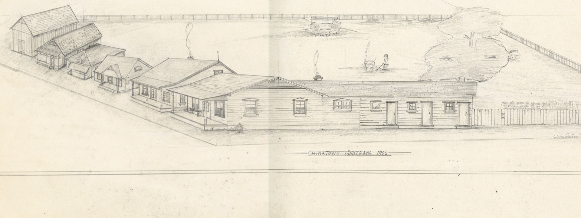 Pencil drawing of Santa Ana's Chinatown as remembered by John Galbraith.