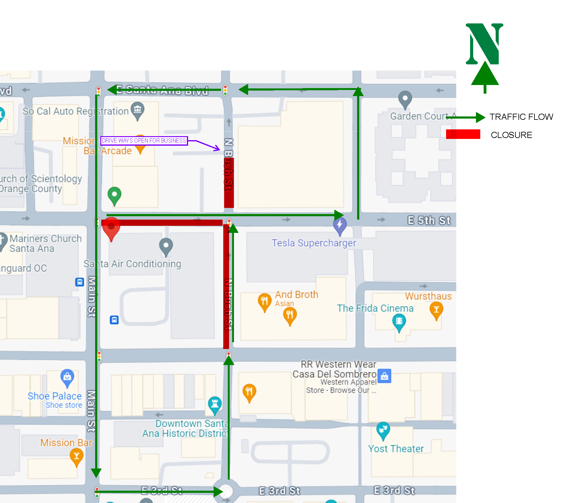 Map of closure on Bush Street between 4th and 5th streets