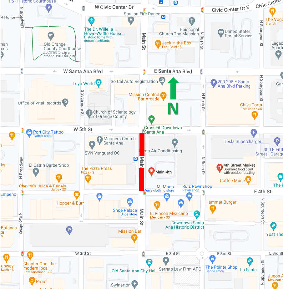 map of closure on Main St. between 4th and 5th Streets