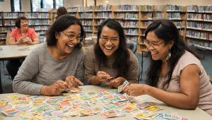 Three women playing loteria