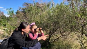 A parent points while a child looks through binoculars.