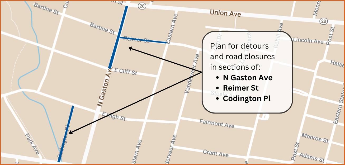 Plan for detours and road closures in sections of N. Gaston Ave, Reimer St and Codington Pl