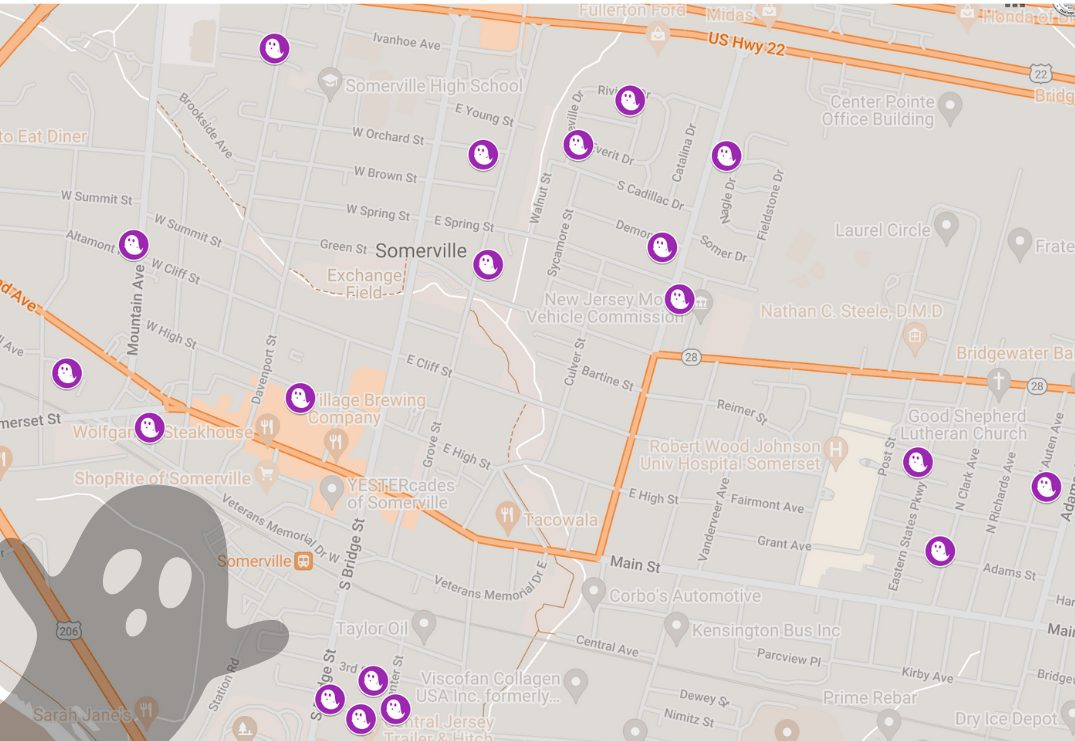 A map showing the homes that registered in the 2023 Spookyville contest