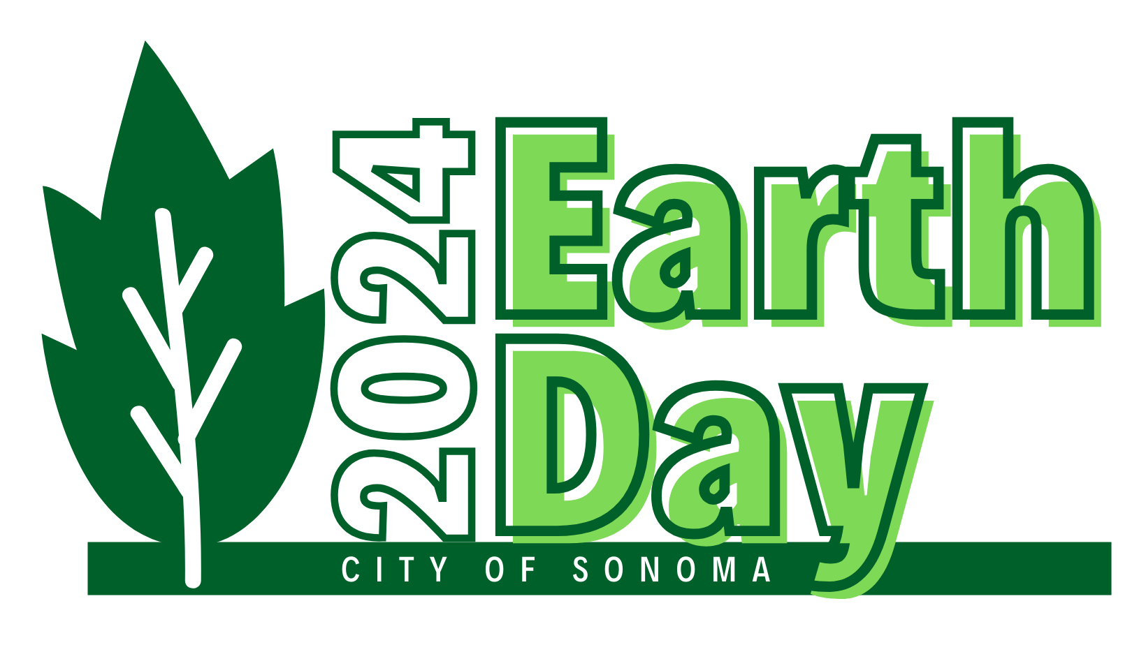 A logo in shades of green with a leaf that looks like it is growing from the ground that says 2024 Earth Day