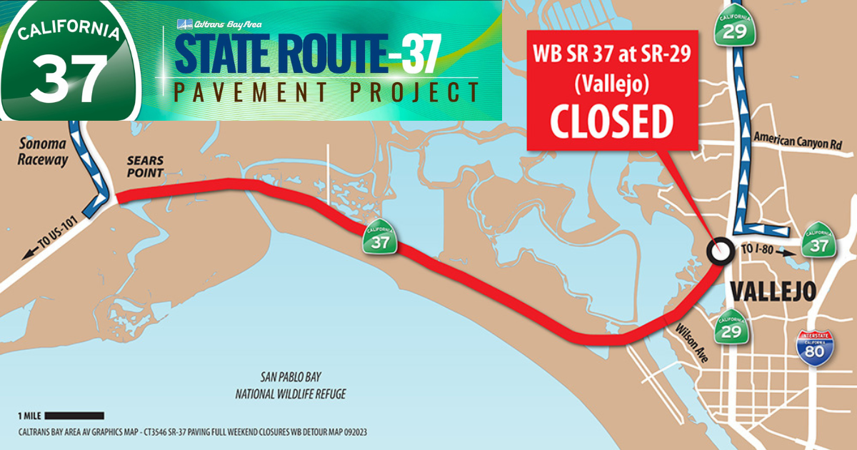 A map showing the closure of Hwy 37 between Vallejo and Sears Point.