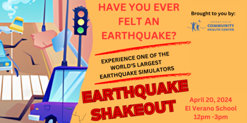 Bright orange flyer with large illustration of a city with a cracked road with information about an Earthquake preparedness event.