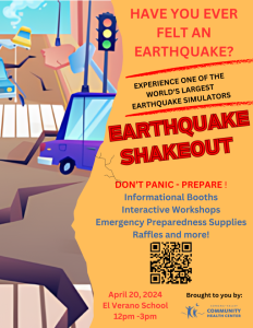Bright orange flyer with large illustration of a city with a cracked road with information about an Earthquake preparedness event.