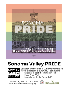 An image of Sonoma City Hall transposed over a rainbow with text promoting a pride month celebration.