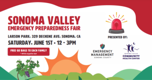 Graphic with an organic red shape at the top and an illustration of a valley with a sun setting at the bottom with information about an emergency preparedness fair.