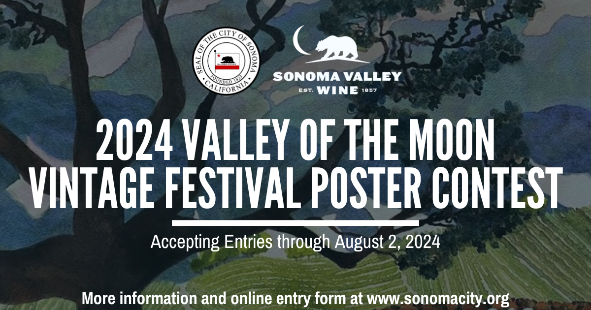 Painting of a large oak tree with hills and vineyards in the background with information about a poster contest.