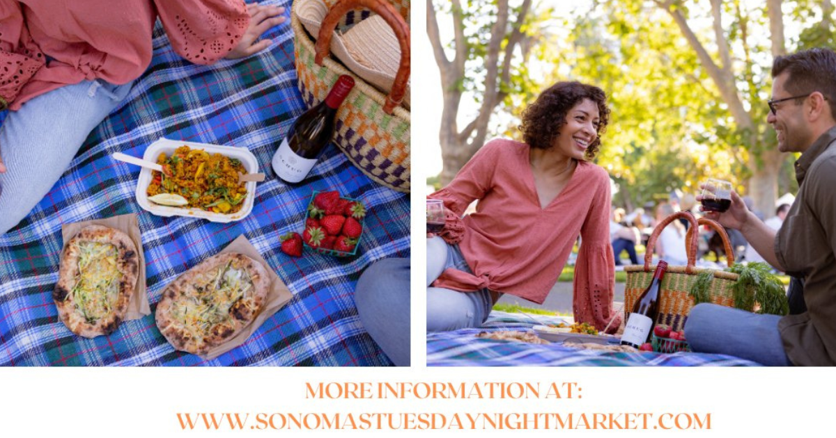 Two photos of a couple picnicking at a park with fresh strawberries, wine and prepared foods