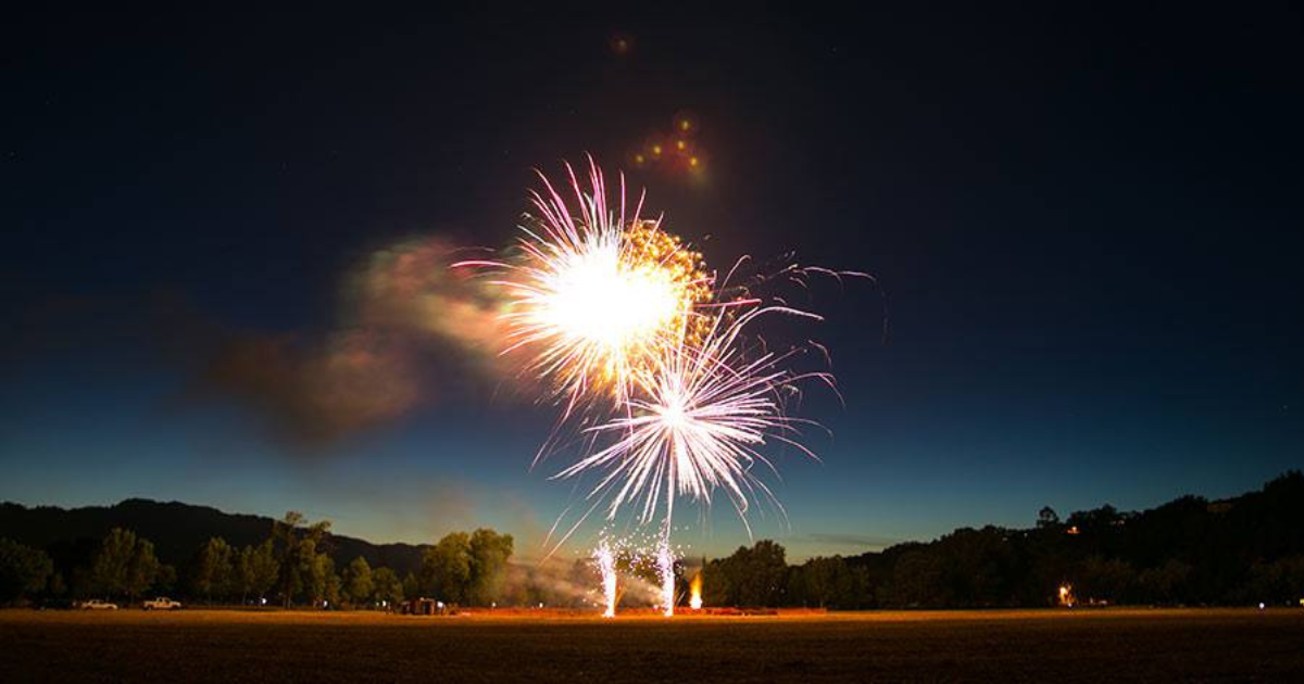 Fireworks against a dark blue sky.