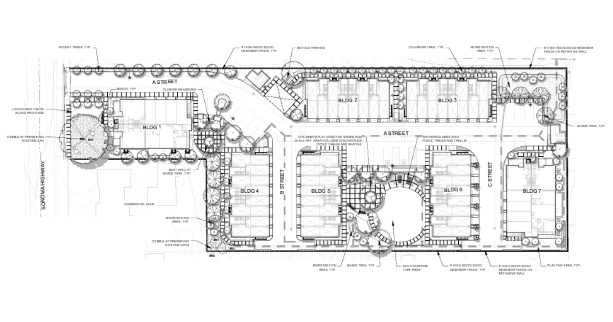 a black and white overhead illustration of a proposed housing developments