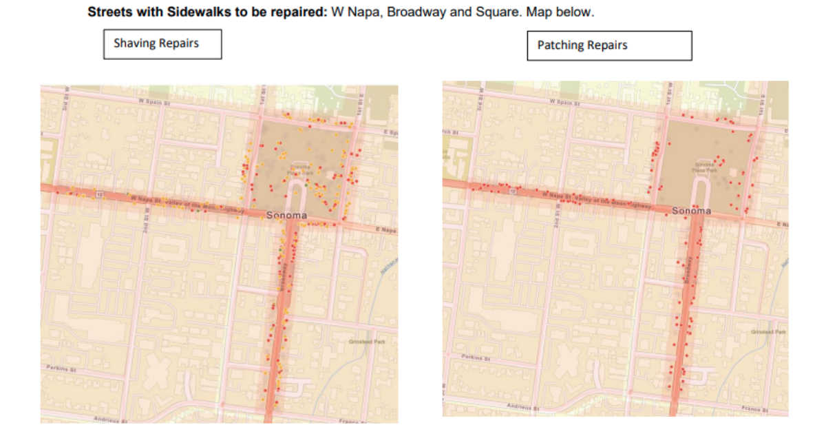 Two maps of the downtown Sonoma area with red dots indicating locations where the sidewalk will be repaired.