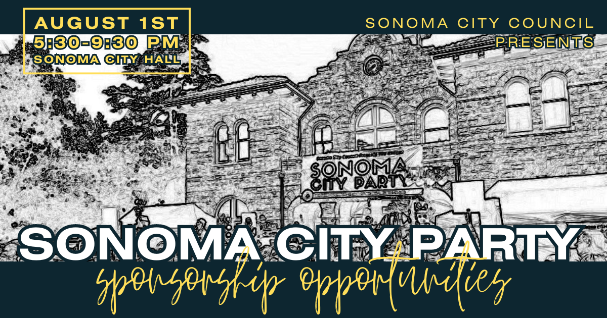 A black and white illustration of a concert in front of Sonoma City Hall