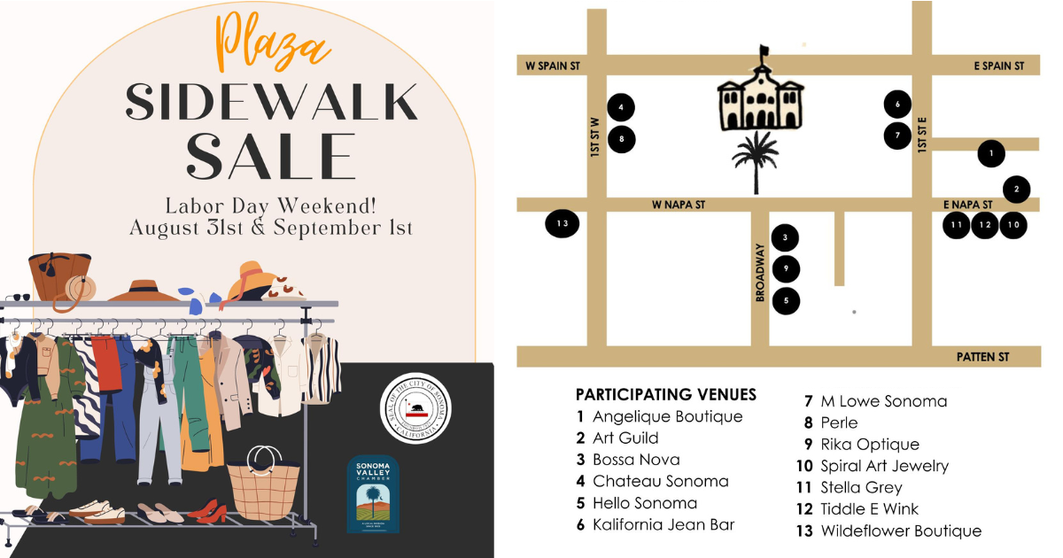 A graphic with a rack of clothing and a map with location numbers along information about a sidewalk sale.
