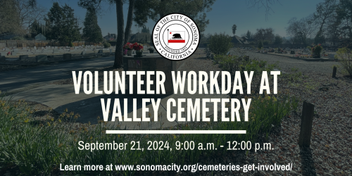 Photo of Veterans' Cemetery in background with information about upcoming volunteer workday