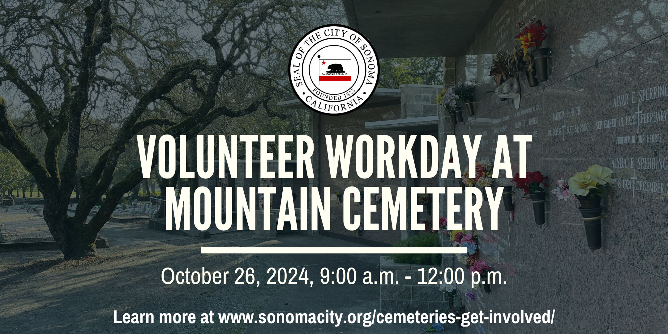 Photo of Mountain Cemetery in background with information about upcoming volunteer workday.