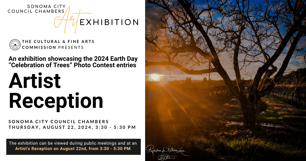 A photo of a tree with a sunset in the background and information about an artist reception.