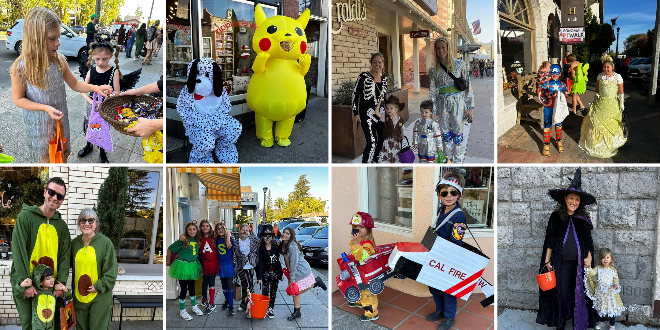 eight photos of kids and parents dressed up in halloween costumes and trick-or-treating around the Sonoma Plaza