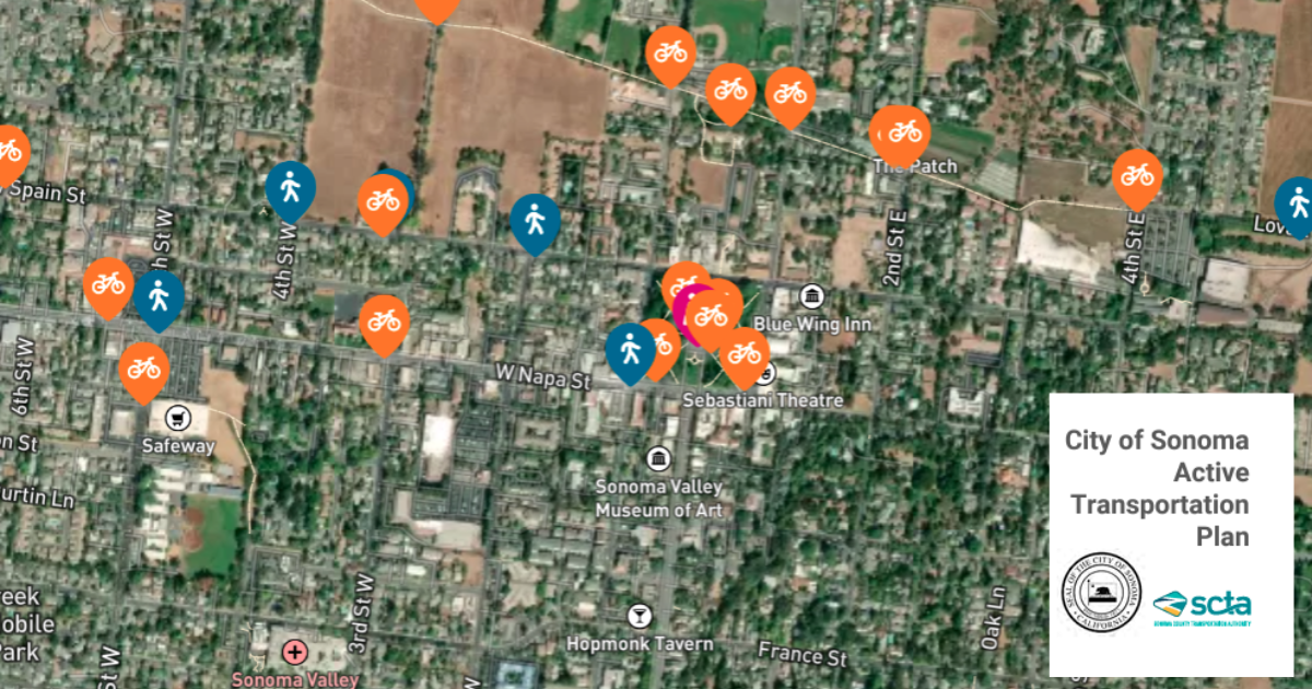 A map of the City of Sonoma with bike and walking markers.