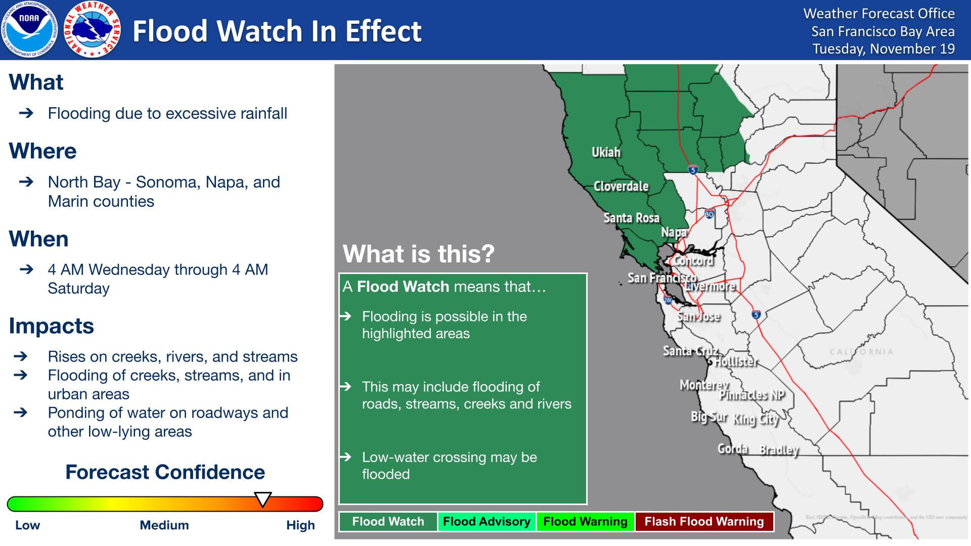 A map of the bay area showing northern regions in green indicating a flood watch.