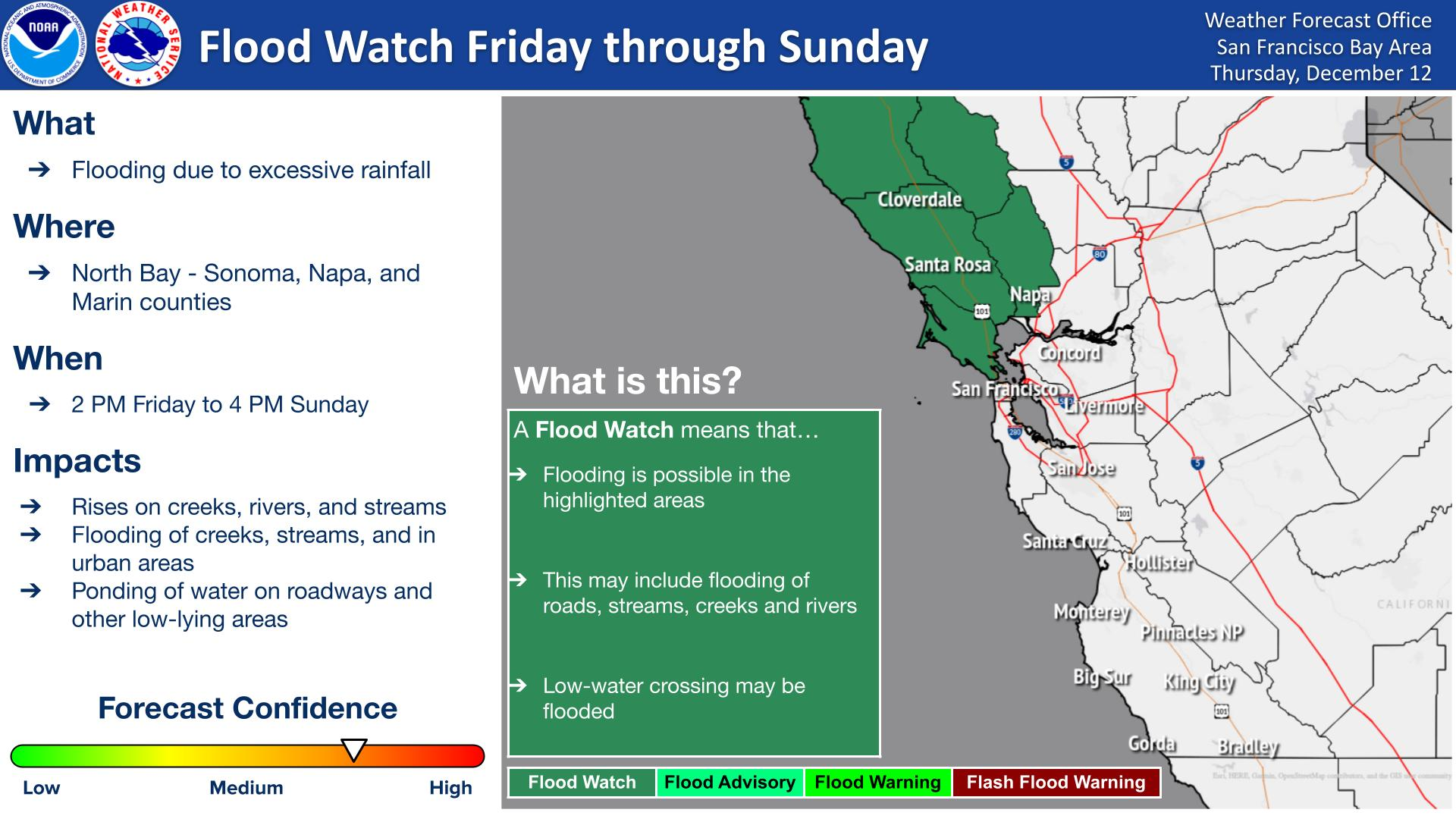 A map of the San Francisco Bay Area showing Sonoma County colored in green to signify the area that is under a flood watch.