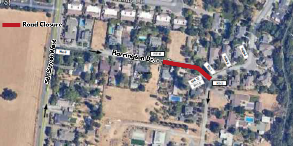 An aerial view of 5th Street East and Harrigton Drive in City of Sonoma showing a section of a road that will be temporarily closed.