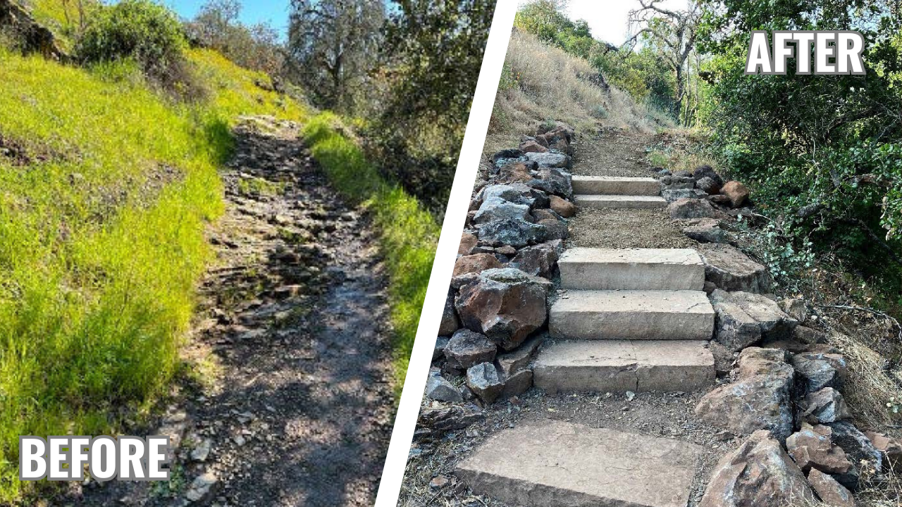A before and after photo of a portion of the Sonoma Overlook Trail before it's repair and after.