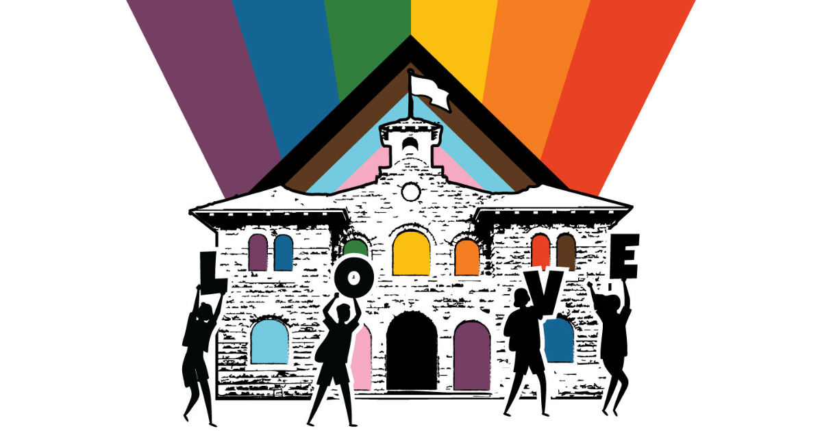 An illustration with Sonoma City Hall with windows in rainbow colors with a pride flag in the background.