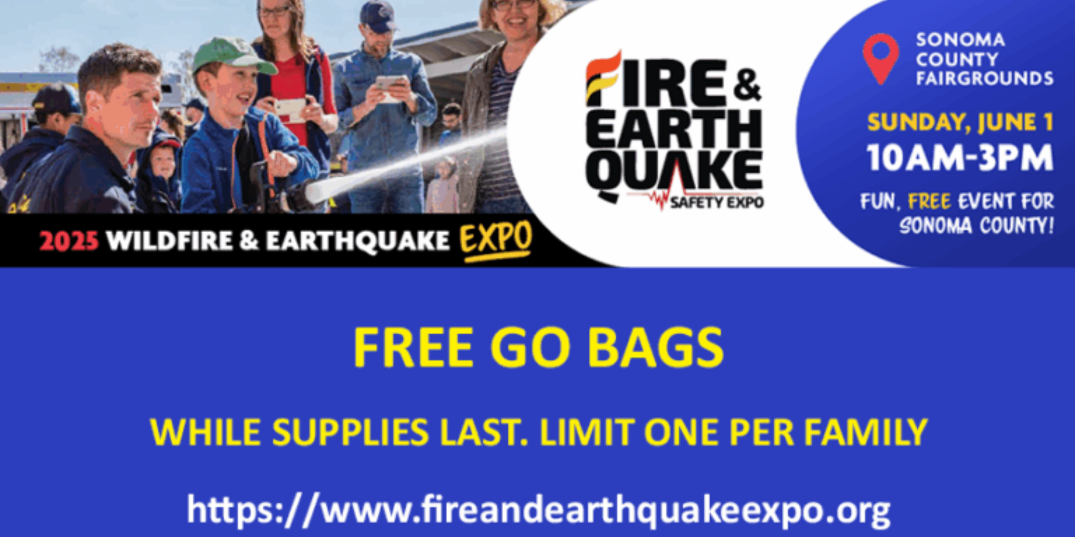 A graphic with a photo of a child holding a firehose with firemen assisting and information about an earthquake and wildfire preparedness expo.