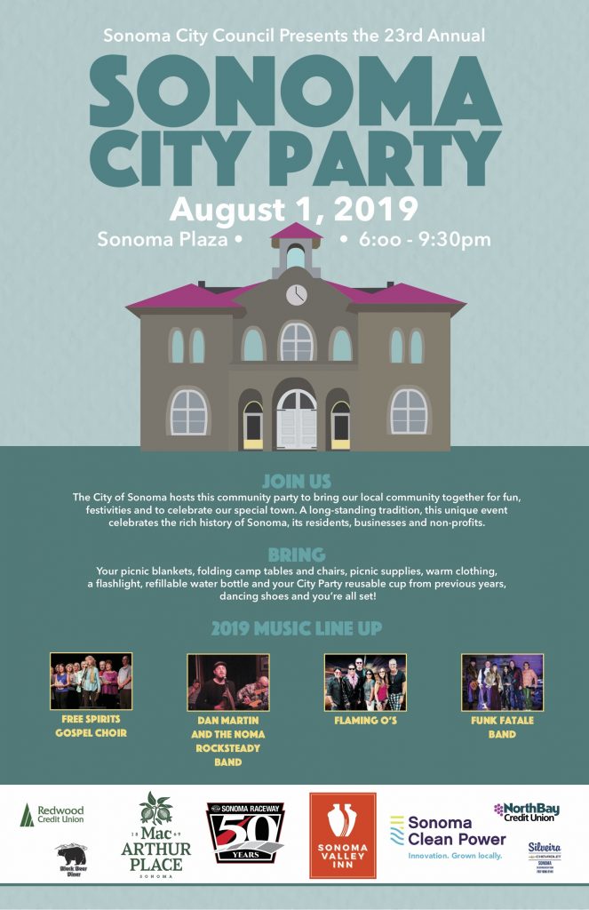 Sonoma City Party Coming Up Thursday, August 1st, 6930 PM City of