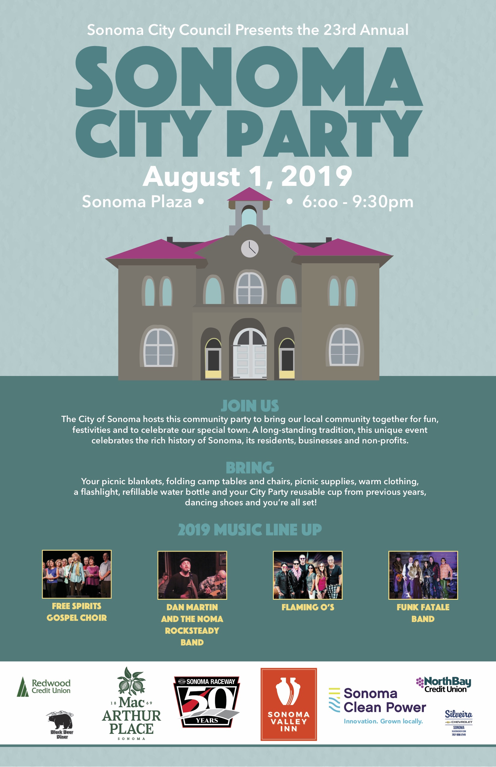 Sonoma City Party, August 1st, 2019, 6-9:30 pm