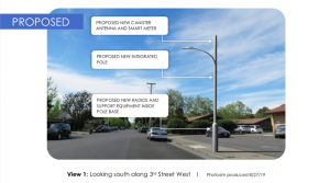 A photo rendering of a proposed Verizon Wireless Small Cell Node at 303 West Napa Street.