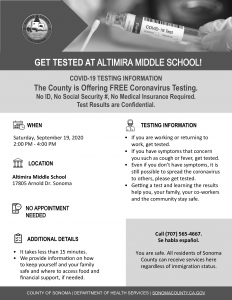 Pop Up Testing at Altimira Middle School 9/19, 2pm