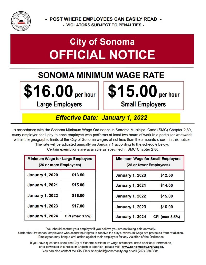 New Sonoma Minimum Wage Rates effective January 1, 2022 City of Sonoma