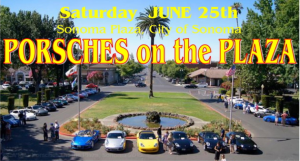 Porsche cars parked around the Sonoma Plaza horseshoe driveway.