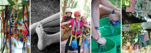 Series of photos: beaded art, a child's bare feet, kids in harnesses for rock climbing.